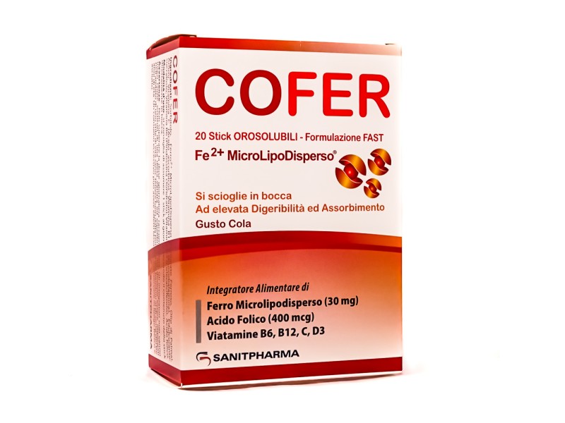 COFER  - 20 vrečk z: Železom Microlipodisperso (30 mg) Folno kislino (400 mcg) Vitamini B6, B12, C, D3
